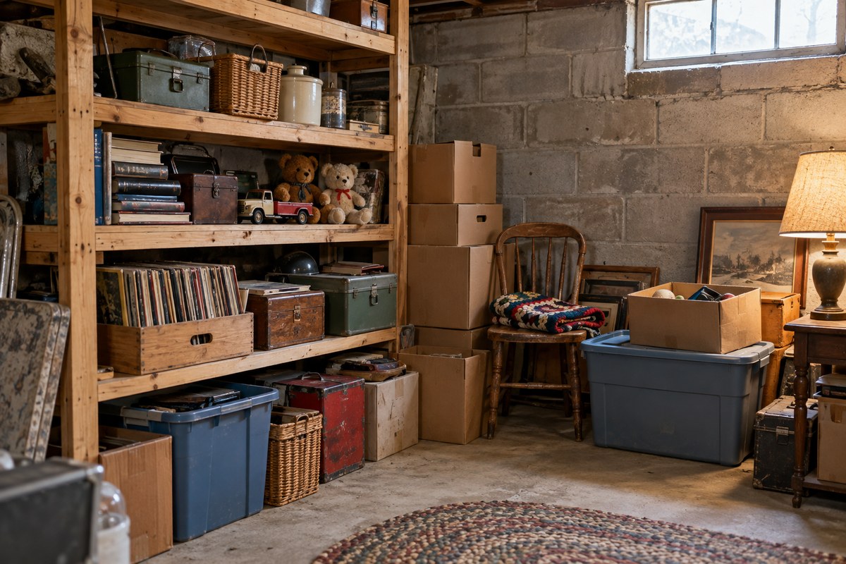 Boxes, shelves, and forgotten finds in an ordinary home basement