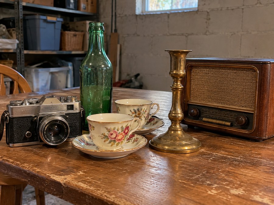 Old camera, teacups, glass bottle, and radio among home keepsakes