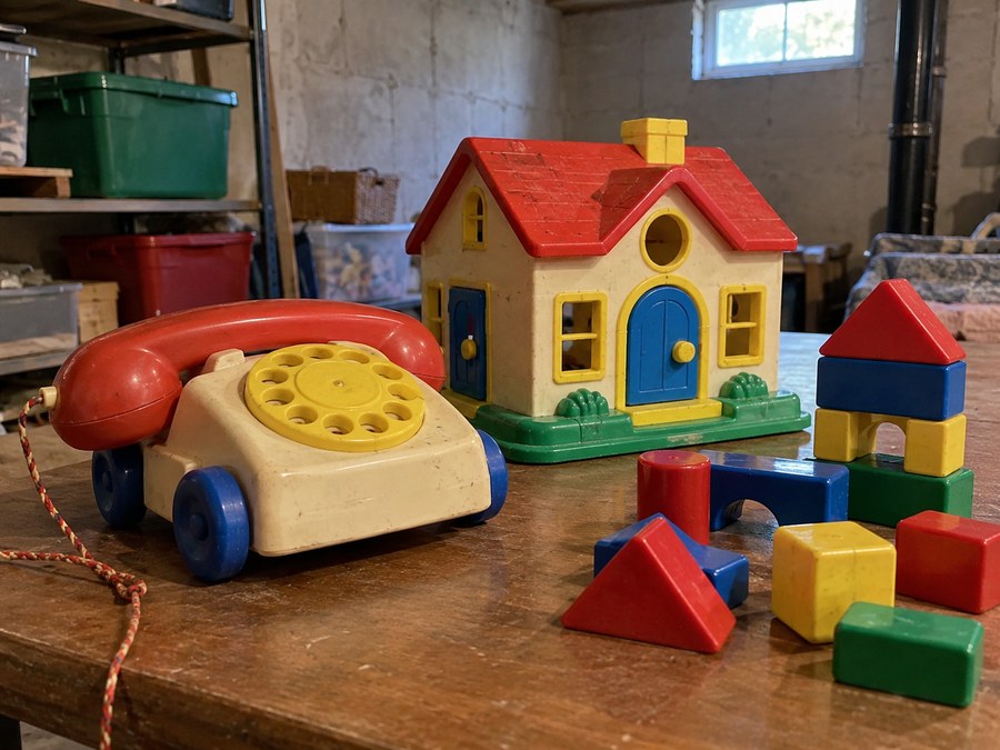 Colorful old toy telephone, toy house, and blocks on a wooden table